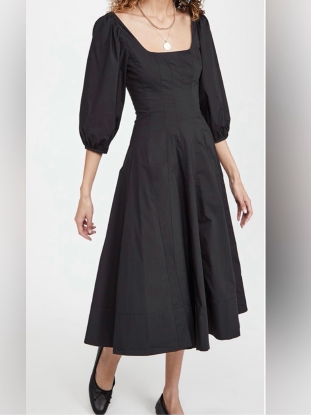 STAUD Swells Puff Sleeve Midi Fit and Flare Dress